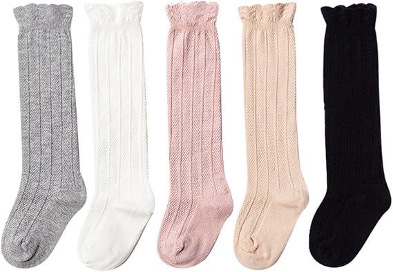 5 Pairs Baby Girls Boys Knee High Socks Tube Ruffled Stockings Cotton Long Socks for Infants and Toddlers