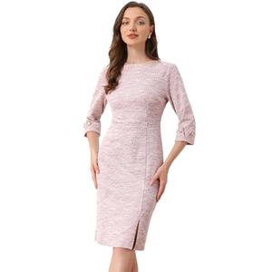 Allegra K Tweed Dress for Women's Fall Elegant Boat Neck 3/4 Sleeve 2025 Work Dress Large Pink