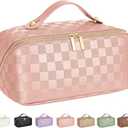 Large Capacity Travel Cosmetic Bag - Portable Makeup Bags for Women Waterproof PU Leather Checkered Makeup Organizer Bag with Dividers and Handle, Toiletry Bag for Cosmetics 