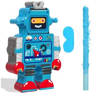 Robot Piata with Red Blue Stick Tassel Eye Mask Double Tassel Piata Set for Birthday Party Robot Theme Party Decoration, 16.1 x 10.2 x 3.2 Inch