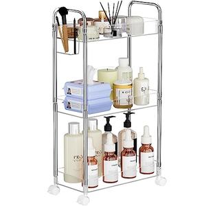 SPACEKEEPER 3 Tier Acrylic Storage Rolling Cart Clear Bathroom Cart Organizer, Transparency Laundry Room Organization Mobile Shelving Unit Multifunction Rolling Utility Cart for Office Living Room