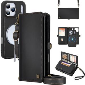 for Wallet Case Compatible with iPhone 17 Pro Max,Multi-Function Detachable 2 in 1 Magnetic iPhone 17 Pro Max Case Wallet,Flip Strap Zipper Card Holder Phone Case with Shoulder Straps (Black)