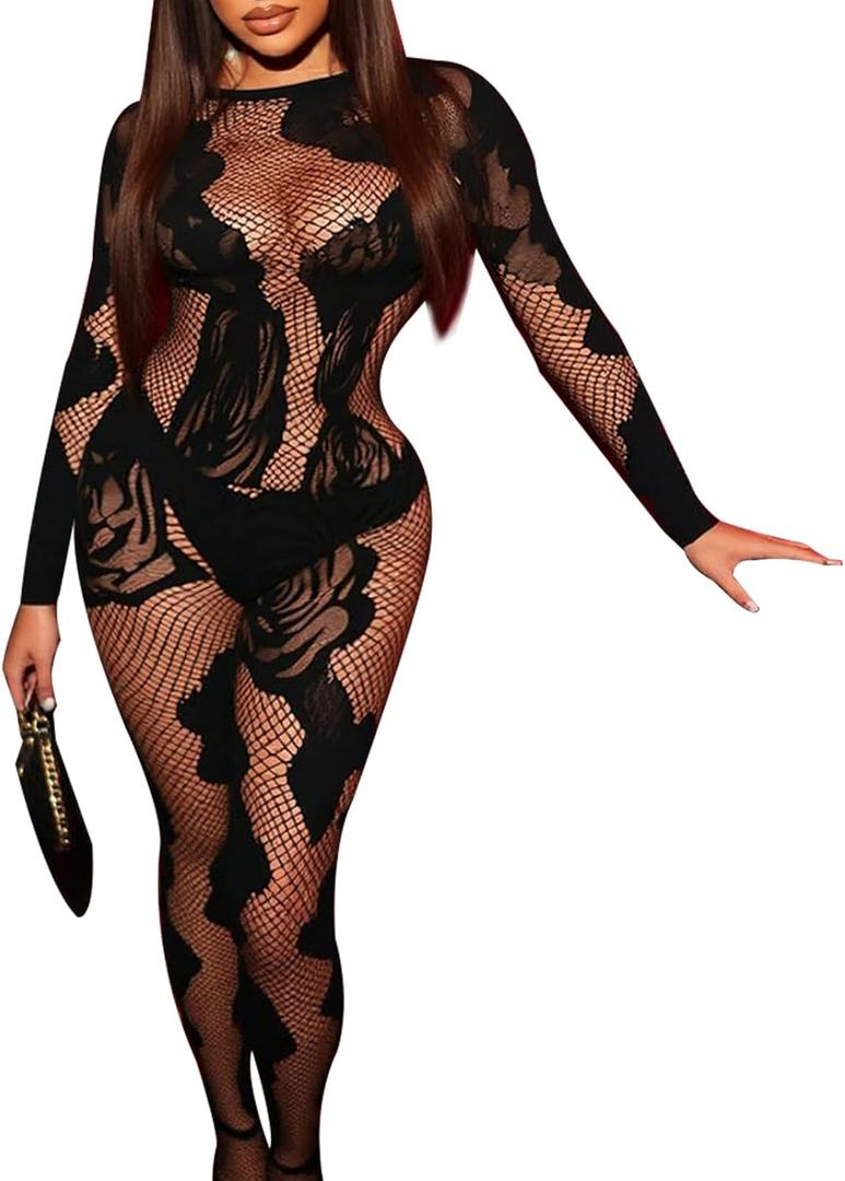 Women Long Sleeve Floral Fishnet Jumpsuit(Black, Small/Medium)