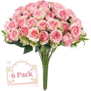 Ovveroche 6 Stems 10 Heads Pink Artificial Silk Roses Bouquets with Leaf Faux Flowers for Wedding, Grave Decor, Home Indoor, Outdoor Wedding Office Use