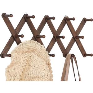 Accordion Wall Hanger, Hat Rack for Wall with 14 Coat Hooks, Expandable Hat Hangers Organizer, Vintage Decorative Coat Rack Wall Mount for Purse, Mug (Brown)