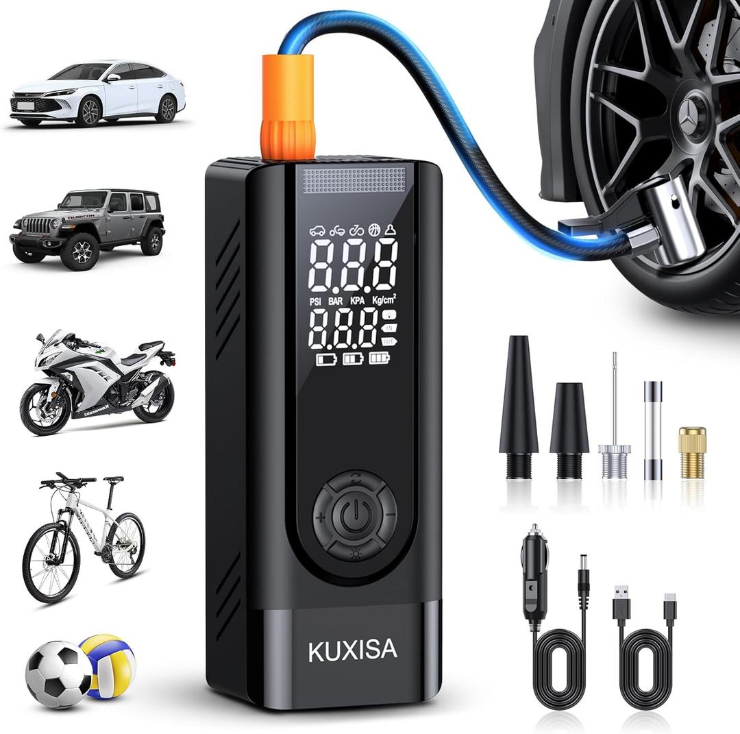 KUXISA Tire Inflator Portable Air Compressor, 180PSI Air Compressor with Digital Pressure Gauge, 3X Faster Portable Air Pump for Car, Motorcycle, Bicycle, Ball and More (Black)