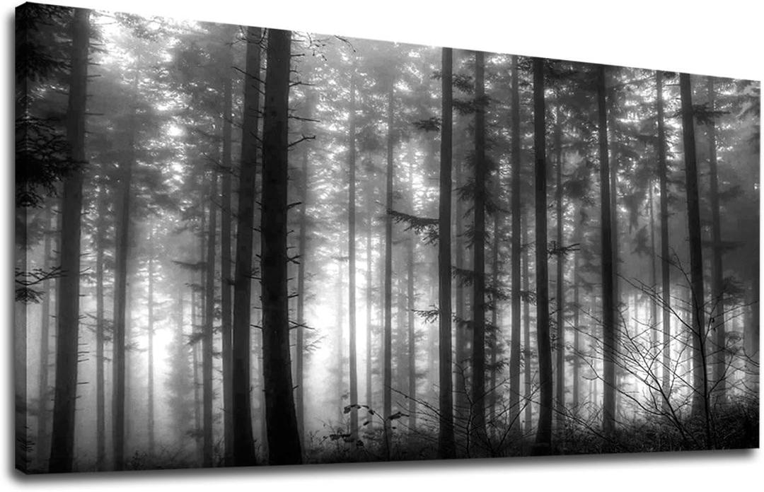 Foggy Forest Wall Art Living Room Wall Decor Black and White Woods Large Canvas Picture Modern Landscape Artwork Big Trees Contemporary Nature Pictures for Living Room Bedroom Home Office Kitchen Wall Decor 29" x 58"