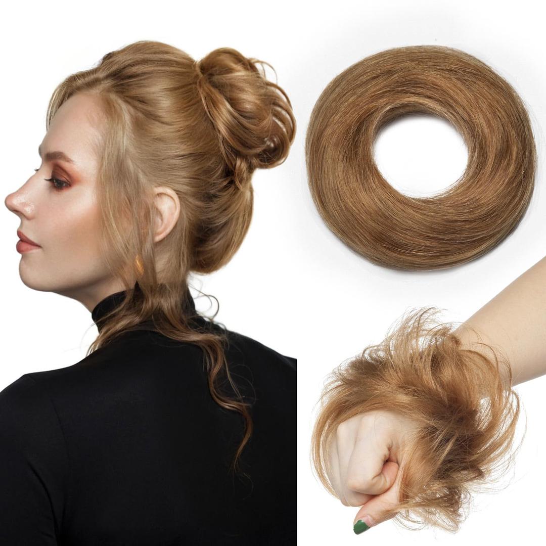 Human Hair Messy Bun, 100% Real Hair Bun Extensions for Women,Natural Wavy,1 Count#-06 Light Brown