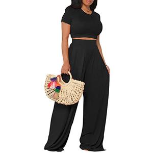 Women's Casual Summer 2 Piece Outfits Short Sleeve Crop Top Wide Leg Pants Set Jumpsuits