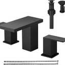 Hoimpro 8 Inch Widespread Waterfall Bathroom Sink Faucet, Square Two Handle Vanity Black Bathroom Faucet with cUPC Supply Hose, 3 Holes Faucet with Pop Up Drain, Stainless Steel, Matte Black