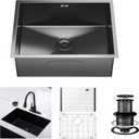 24 Inches Undermount Kitchen Sink, 24 x 18 x 9 Inch Black-Grey Single Bowl, 16 Gauge Stainless Steel Nano Black Sink with Accessories for Workstation, Prep Kitchen, Bar Sink