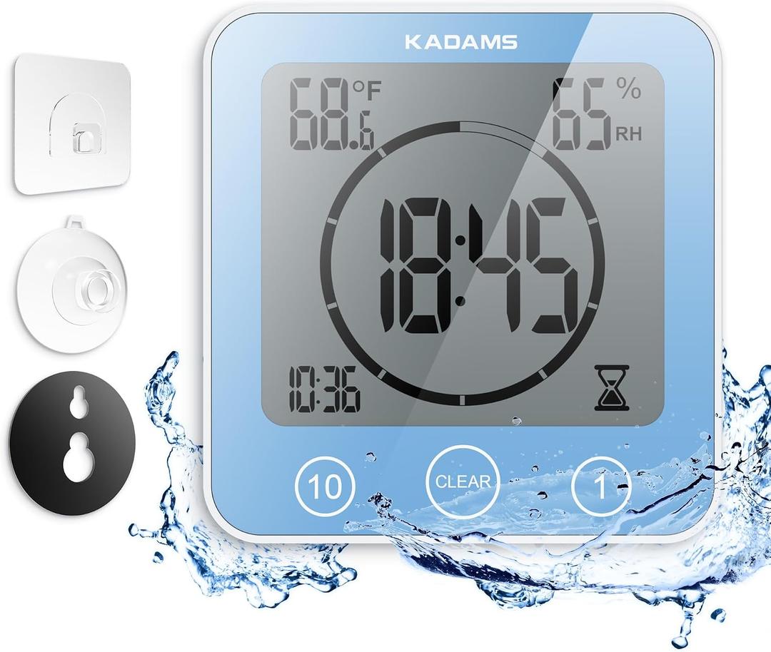 KADAMS Shower Clock Waterproof Bathroom Timer Digital Wall Clock with Countdown, Magnetic Kitchen Clock with Temperature & Humidity, Suction Cup for Kids Shower Spa Sauna Cook Bath, Blue