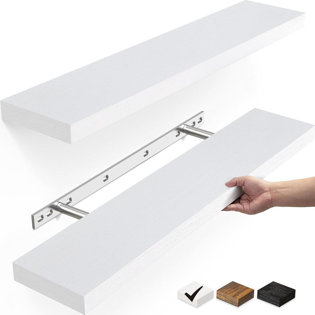 BAYKA Floating Shelves, 22.5" Wall Mounted Rustic Wood Shelves for Bathroom, Bedroom, Living Room, Kitchen, Office, Hanging Shelf for Books/Storage/Room Decor with 22lbs Capacity (White, Set of 2)