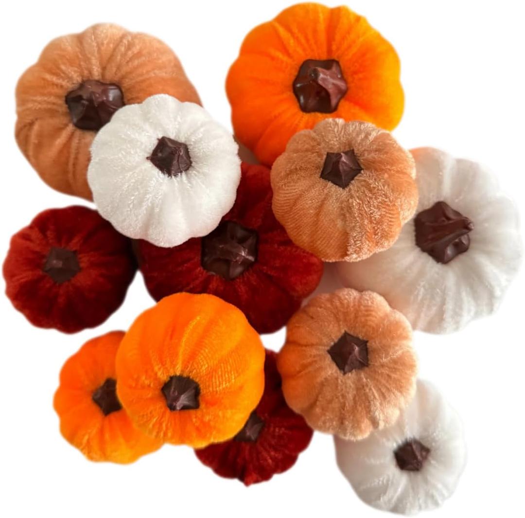 Pumpkin Decor 12pcs Artificial Fake Faux Velvet Foam Fabric Mantel Table Centerpiece Pumpkins Decoration for Indoor and Outdoor Fall Home Farmhouse Harvest Decorative (Fall)