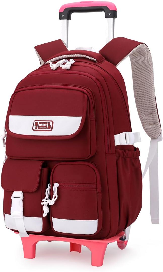 Solid Color Rolling Backpack for Girls Boys Cute Elementary school bag with wheels,Red Trolley Bags for Travel