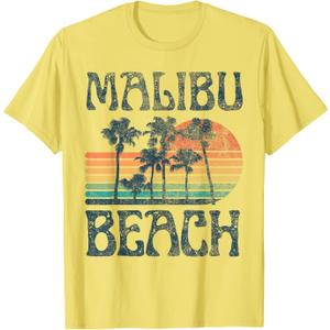 Malibu California Beach Summer Vacation Vintage T-Shirt, Yellow Ladies, S