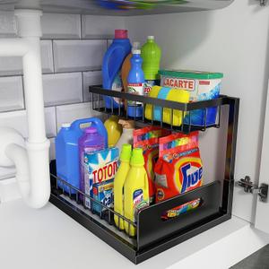 REALINN Under Sink Organizer, Pull Out Cabinet Storage 2 Tier Slide Out Sink Shelf, Kitchen Organizers and Storage, Black, 1 Pack