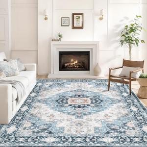 Washable 8 x 10 Area Rug for Living Room, Vintage Floral Rug Soft Non Slip Stain Resistant Boho Carpet for Indoor Bedroom Dinning Room Home Office Blue/Ivory