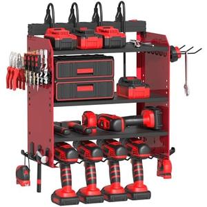 Power Tool Organizer Wall Mount with Charging Station, Garage 4 Drill Storage Shelf with Cordless Tool Holder, Heavy Duty Rack with 8 Outlet Power Strips and Hooks, Gift for Men, Husband (4 Layer)