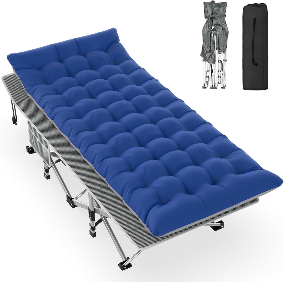 Slendor Folding Camping Cot with Mattress for Adults,74L x 28W x 15H, Portable Sleeping Cot Bed for Tent, Office, Camping, Outdoor, Striated Gray Cot,Gray+Blue Pad,500lbs Load, X-Large