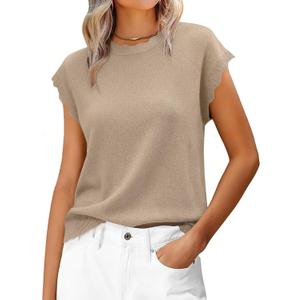 Women Summer Sweater Cap Sleeve Lightweight Pullover Soft Knit Top with Scallop Wavy