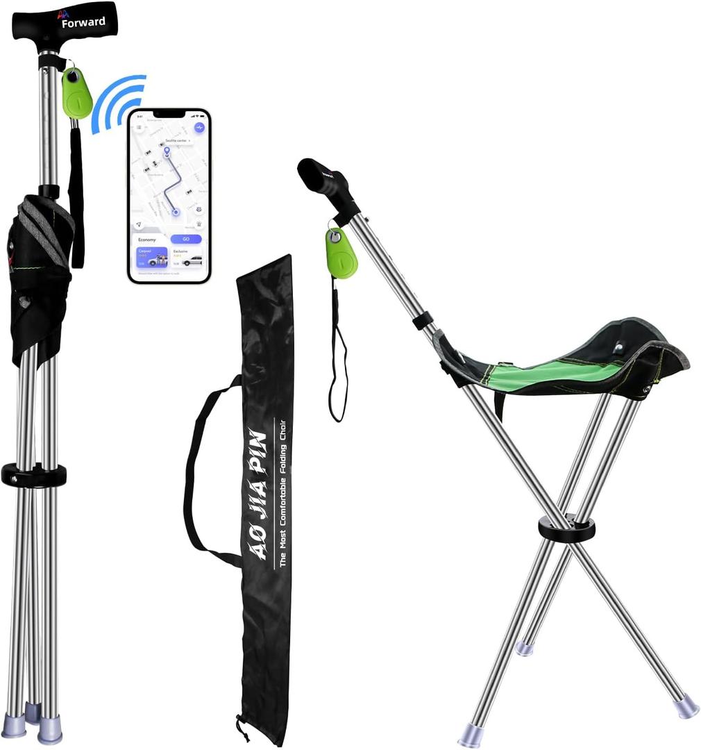 Folding Walking Cane with Seat for Seniors Adults,Lightweight Height Adjustment Cane Seat,Supports Up to 220lbs Crutch Chair,Anti-Slip Cane Chair Walking Stick for Camping,Green,1 Set