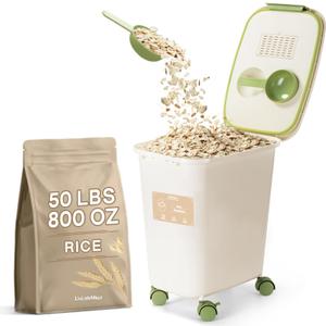 LivLab Mker Rice Dispenser - 40-50Lbs Airtight food storage container with lids,cereal flour storage Container,With Measuring spoon and wheels, large flour bin rice organizer (19.9L)