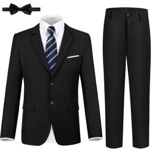 JPF Boys Formal Suits Slim Fit 5 Piece Kids Suit Jacket Pants Set with Dress Shirt and Tie for Wedding Prom (Black, 14Y)