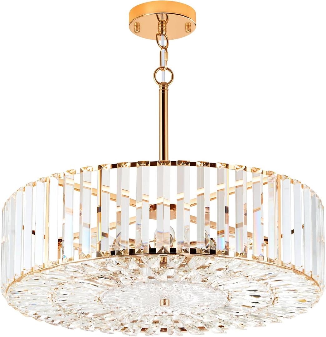 VONLUCE Cystal Ceiling Light Fixture, 6-Light Semi Flush Ceiling Light with Crystal Prisms, 21 in. Chandelier for Dining Room Bedroom Entryway, Kitchen, Gold Metal Canopy, ETL Certificated