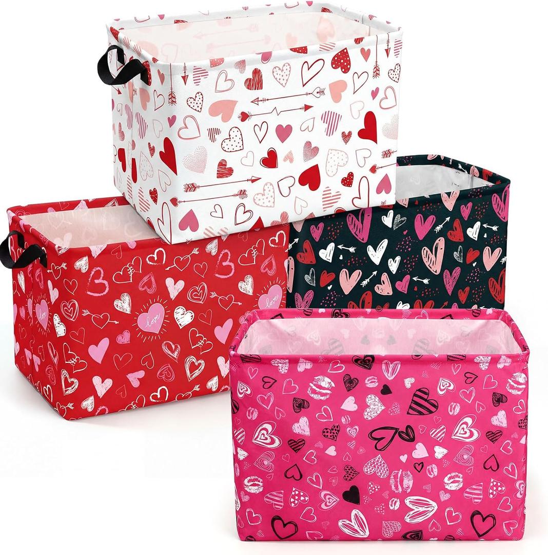4 Pcs Valentine's Day Storage Baskets Empty Collapsible Valentines Basket with Handles Red Pink Black Heart Storage Boxes for Gifts Home Room Nursery Books Cloth Holiday Containers (Heart)