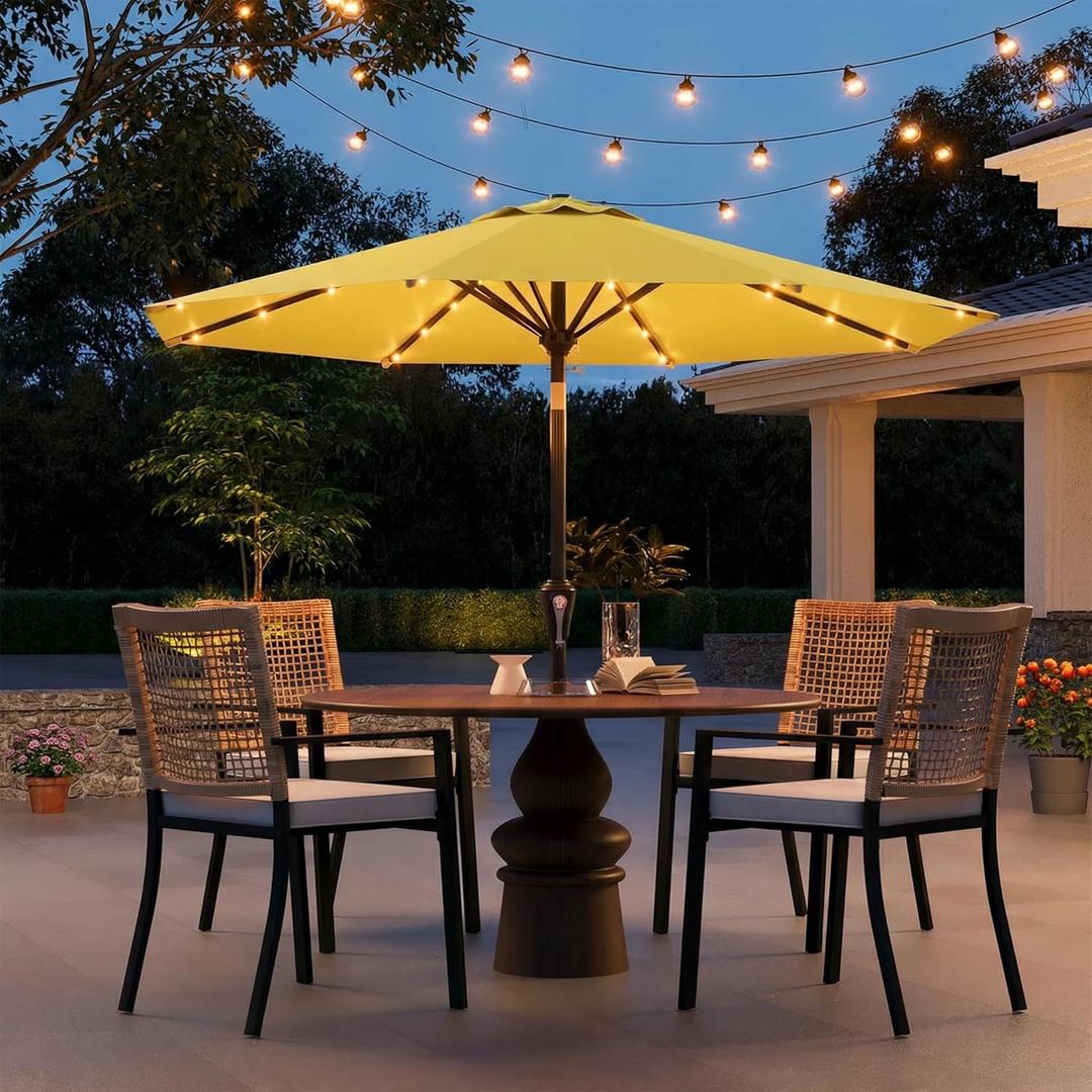 9FT Solar Umbrella 32 LED Lighted Patio Umbrella Table Market Umbrella w/Tilt and Crank, UV-Resistant Outdoor Umbrella for Pool, Garden, Deck, Sunshine Yellow