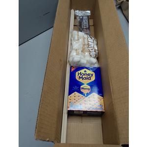 Wooden Sticks Size 2ft , Crackers (Honey Maid )BBD :21/03/2026, Chocolate (Hershey's) BBD: 06/2026, Marshmallows (Campfire ) BBD: 04/11/2026