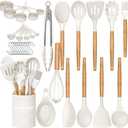 Umite Chef Kitchen Cooking Utensils Set, 33 pcs Non-stick Silicone Cooking Kitchen Utensils Spatula Set with Holder, Wooden Handle Silicone Kitchen Gadgets Utensil Set (Cream White)
