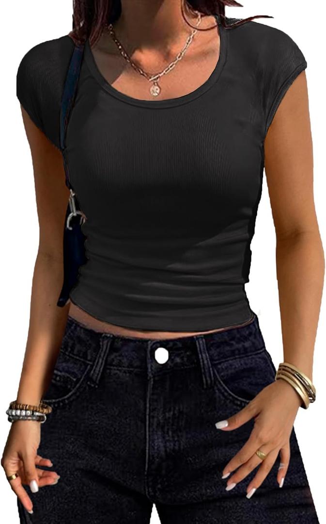 Women Shirts Crew Neck Ribbed Slim Fitted Side Ruched Basic Tops for Woman Cap Sleeve Summer Casual T Shirts Black XL