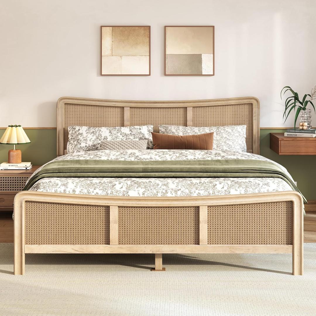 Christopher Knight Home Freda Boho Wooden Queen Bed Frame with Headboard, Rectangular Queen Size Bed Frame with Natural Rattan Adjustable Headboard, Platform Bed Frame, No Box Spring Needed, Brown