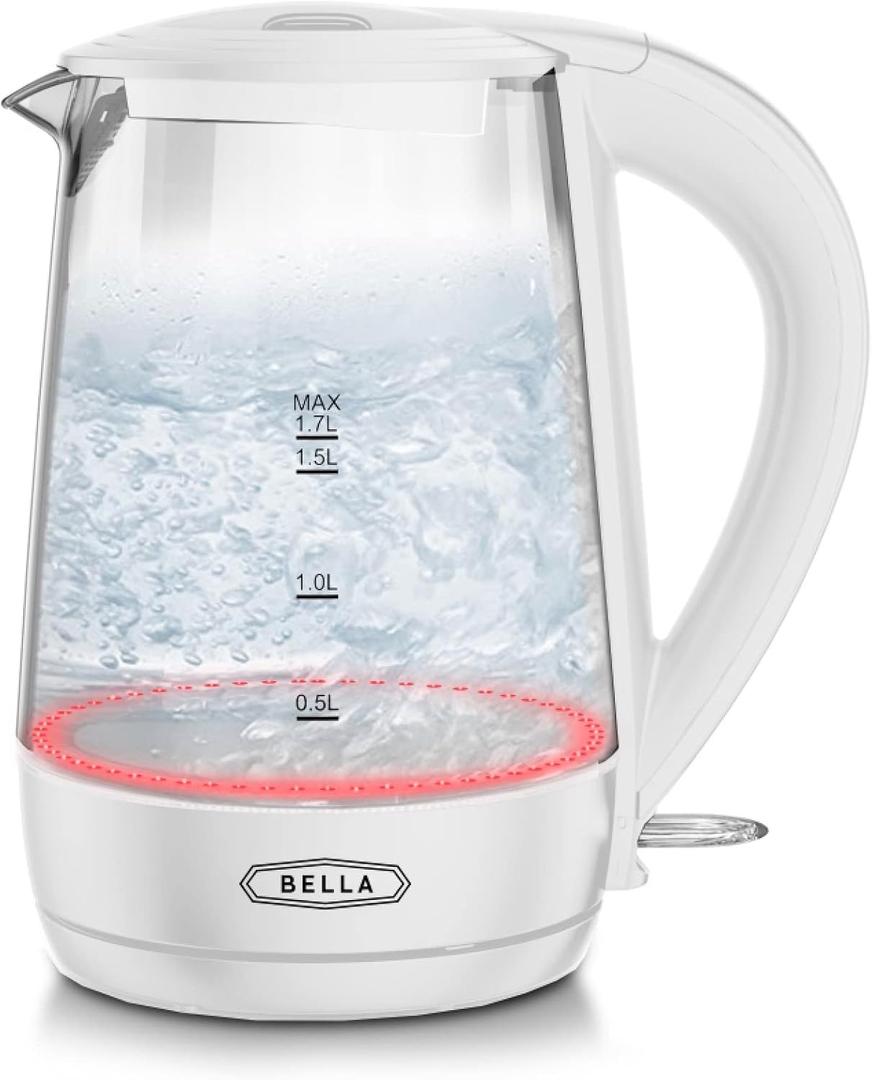 BELLA 1.7 Liter Glass Electric Kettle, Quickly Boil 7 Cups of Water in 6-7 Minutes, Soft Red LED Lights Illuminate While Boiling, Cordless Portable Water Heater, Carefree Auto Shut-Off, White BELLA 1.7 Liter Glass Electric Kettle, Quickly Boil 7 Cups of Water in 6-7 Minutes, Soft Red LED Lights Illuminate While Boiling, Cordless Portable Water Heater, Carefree Auto Shut-Off, White