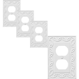 Single Duplex Outlet Cover Plate, 4-Pack White NovaBloom Metal Wall Plate 1 Gang, Light Switch Cover, for Receptacle Light Switch, Switch Cover Decorative Wallplate, Durable