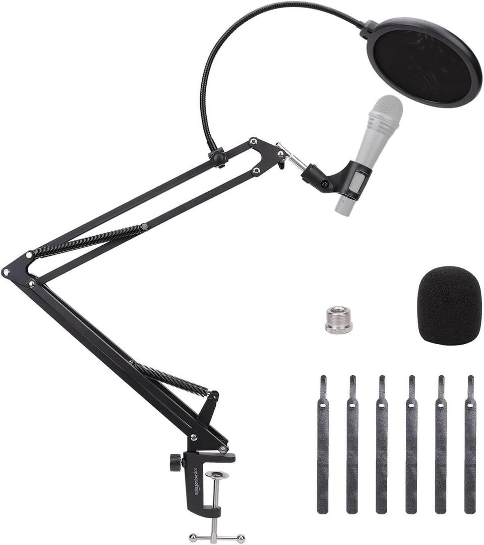 Amazon Basics Adjustable Microphone Stand with Pop Filter, Windscreen for Noise Reduction, Compatible with Blue Yeti, Snowball, Shure, Audio-Technica, 14 inch