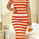 2 Piece Skirts Sets for Women Fall Fashion 2026 Striped Dress Lounge Travel Outfits Summer Clothing (Orange, S)