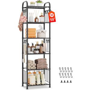 PouHenier.jh 6 Tier Tall Metal Narrow Skinny Shelf Free Standing for Bathroom, Thin Shelving Unit for Pantry or Kitchen, Slim Open Tower Rack with 10 Hooks, Space Saving and No Tools Assembly (Black)