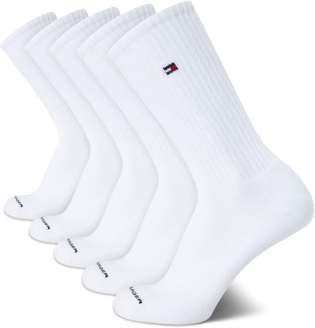 Tommy Hilfiger Mens Crew Socks - 5 Pack Cushioned Stretch Athletic Performance Crew Length Running Socks for Men (7-12, Pure White)