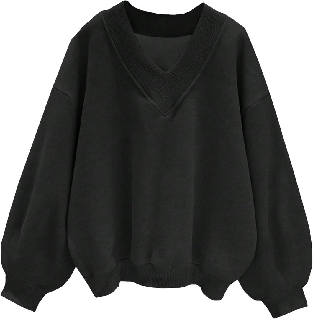 Hilinker Womens V Neck Oversized Sweatshirts Casual Drop Shoulder Long Sleeve Pullover Tops (Medium, Black)