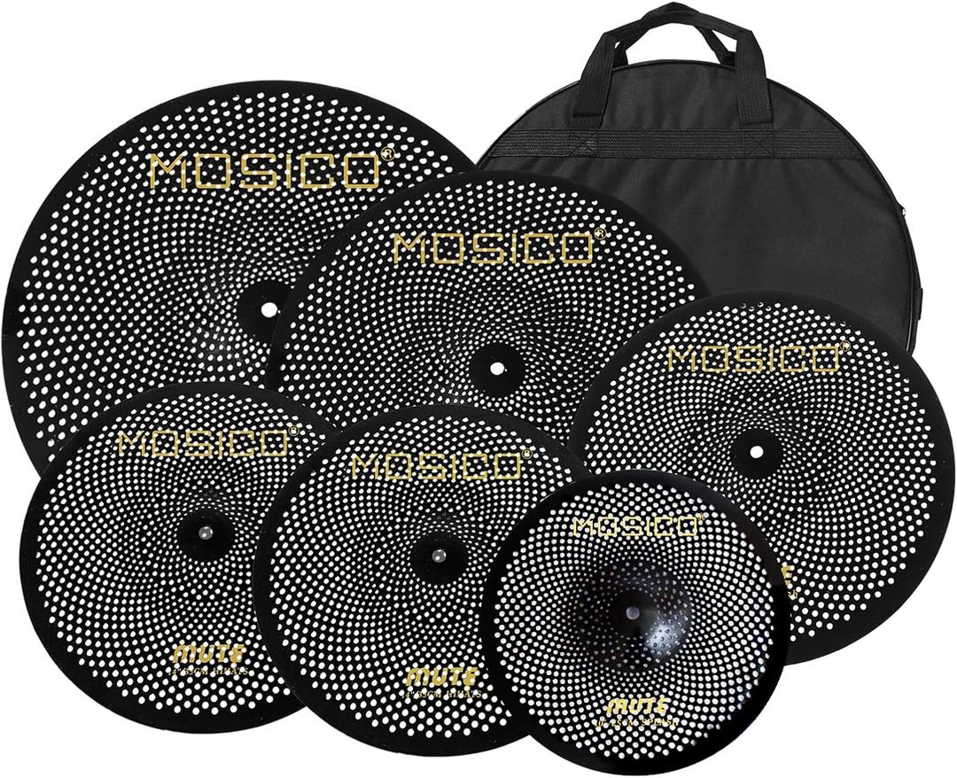 Low Volume Cymbal Pack Mute Set Black 10splash+14"hi-hat+16"crash+18"crash+20"ride 6 Pieces Drum Cymbals with A Free Bag Practice Silent Cymbal Set for Drums (10"14"16"18"20", Black)