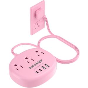 Pink Extension Cord with Surge Protected 1080J - 5 FT Flat Extension Cord, 1625W Cute Extension Cord with 3 AC Outlet 4 USB (24W/4.8A), Compact for Cute Pink Kawaii Desk Home Essentials