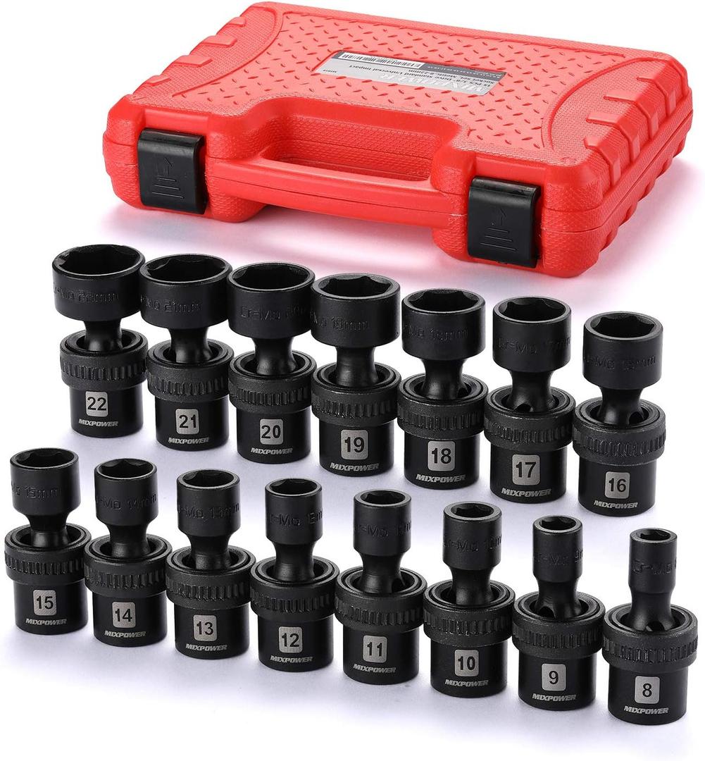 MIXPOWER 15-piece 3/8" Drive Shallow Universal Impact Socket Set, 6 Point, Metric, 8-22mm, CR-MO, Swivel Socket With Flexible Wobble