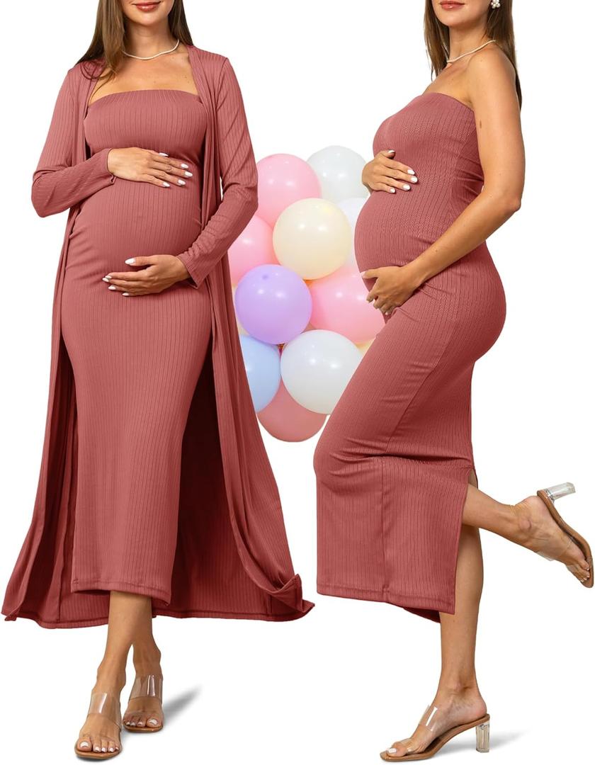 Rnxrbb 2 Piece Maternity Dress Cardigan Baby Shower Wedding Guest Summer Gender Reveal Photoshoot Tube Maternity Dress Long (Medium Tall, Rosybrown)