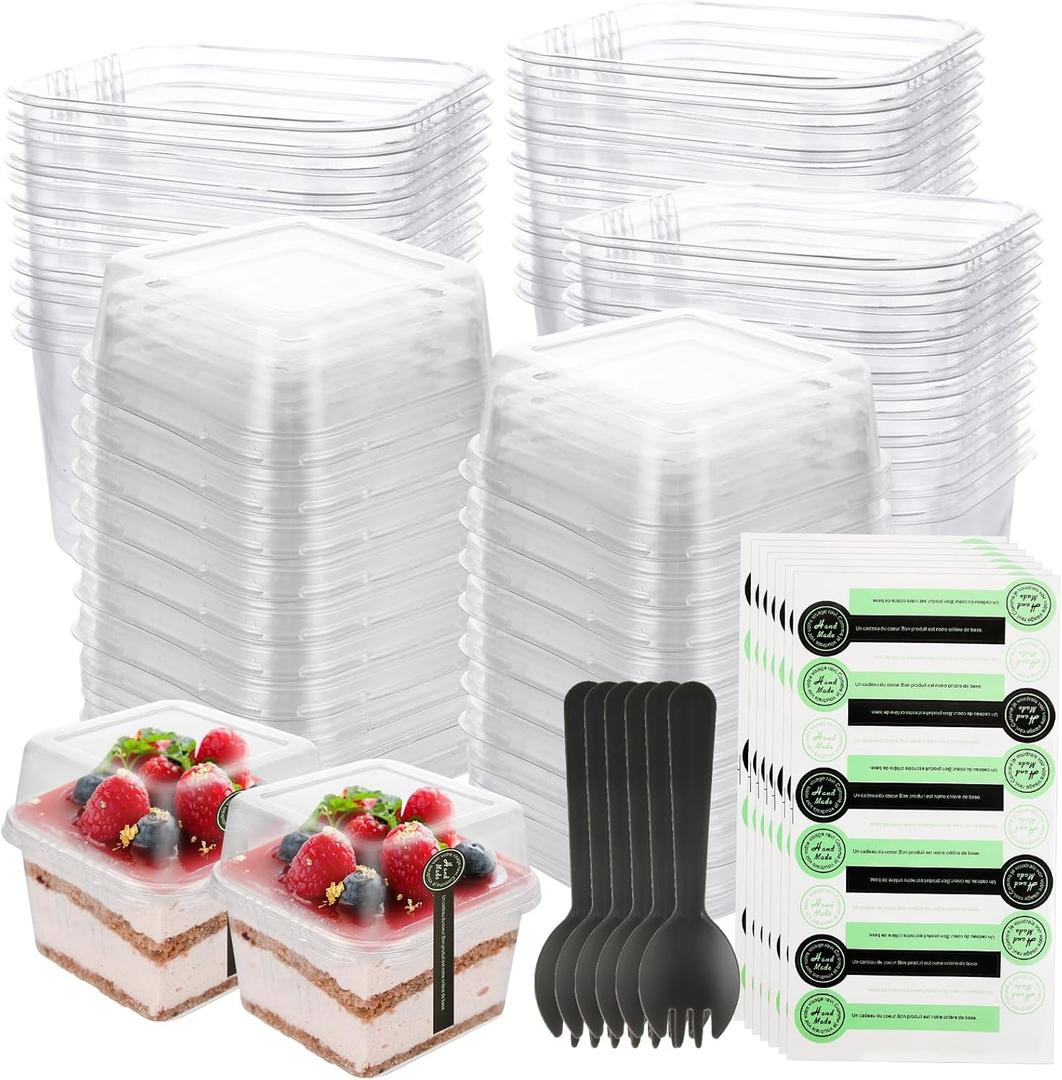 JMIATRY 100 Count 8 oz Square Plastic Dessert Cups with Lids and Spoons Clear Disposable Yogurt Parfait Cups With Lids 8 oz Plastic Deli Containers with Lid for Soups Cupcake Mousse Yogurt Pudding