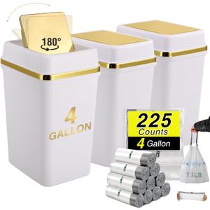 3 Pack Bathroom Can with Lid 4 Gallon Small Can with Swing Lid White and Gold Bathroom Garbage Can with 225 Counts Bags for Kitchen Bedroom Office