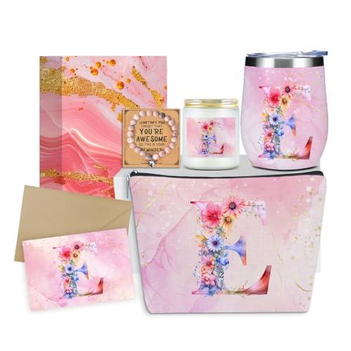 Personalized Gifts Monogrammed Birthday Gifts for Women, Daughter Bestie Friendship Christmas Halloween Initial Wine Tumbler Makeup Bag Scented Candle Bracelet Set (Aesthetic Pink Flower E)