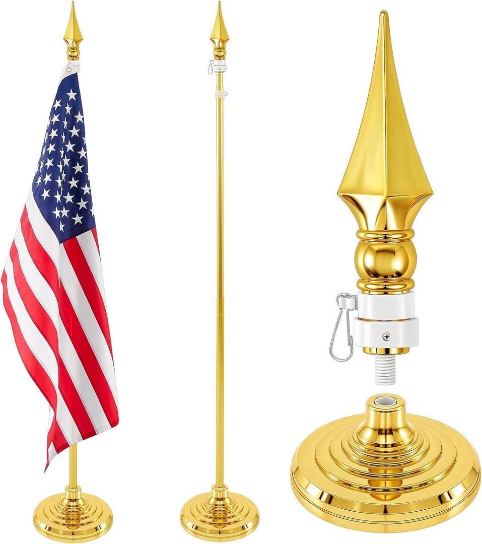 Moxweyeni 2 Set American Indoor Flag Pole Kit with Gold Base – 8FT